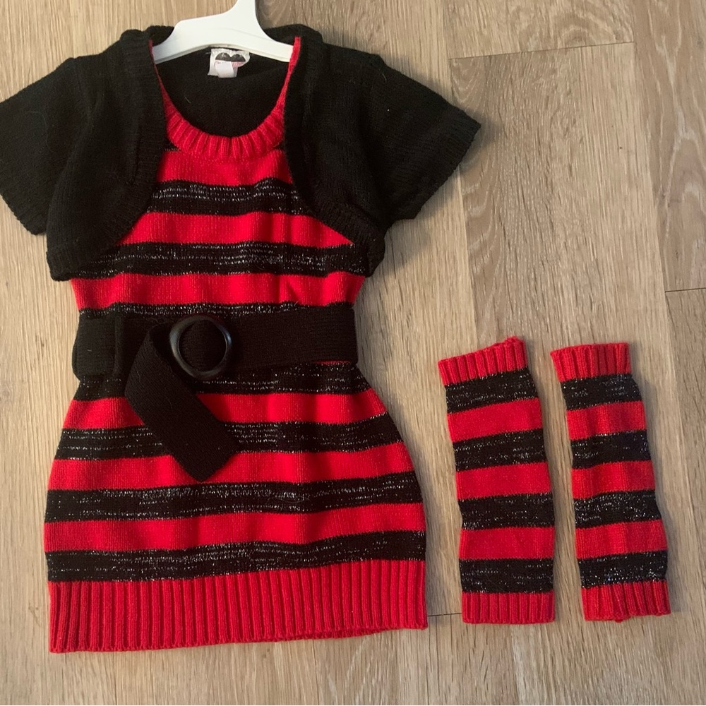 Cherry Stix Girl's Size 3T Red & Black Striped Sweater Dress With Leg Warmers